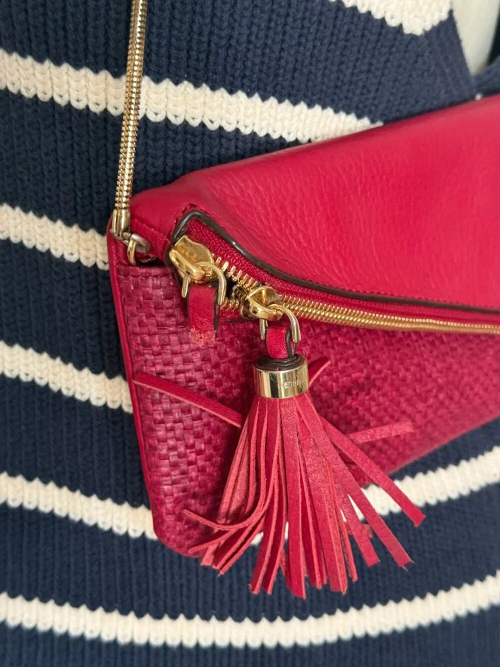 Henri Bendel Red Woven Leather Envelope Clutch Crossbody Gold Chain